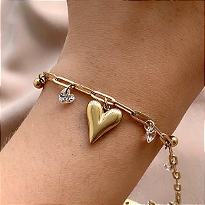 PULSEIRA CORRENTE PINGENTES CRISTAIS E CORAÇÃO LISO DOURADO AÇO 316L⭐️