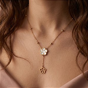 COLAR GRAVATINHA CORRENTE BOLINHAS FLOR MADREPÉROLA DOURADO AÇO 316L⭐️