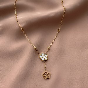 COLAR GRAVATINHA CORRENTE BOLINHAS FLOR MADREPÉROLA DOURADO AÇO 316L⭐️
