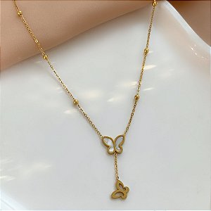 COLAR GRAVATINHA CORRENTE BOLINHAS BORBOLETA MADREPÉROLA DOURADO AÇO 316L⭐️