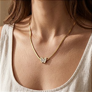 COLAR CORRENTE COBRA FINA PINGENTE BORBOLETA ZIRCÔNIAS DOURADO AÇO 316L⭐️