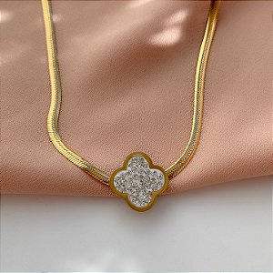 COLAR CORRENTE COBRA FINA PINGENTE TREVO ZIRCÔNIAS DOURADO AÇO 316L⭐️