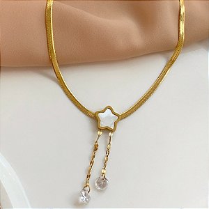 COLAR CORRENTE FITA FINA PINGENTE ESTRELA MADREPÉROLA PEDRAS PENDENTES DOURADO AÇO 316L⭐️