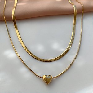 COLAR DUPLO FITA FINA PINGENTE CORAÇÃO LISO DOURADO AÇO 316L⭐️