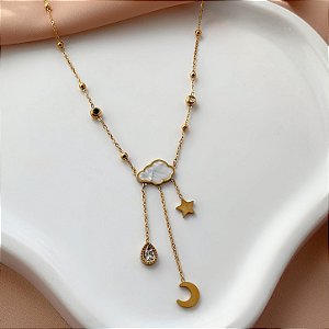 COLAR NUVEM MADREPÉROLA PINGENTES ESTRELA, LUA E ZIRCÔNIA PENDENTES DOURDO AÇO 316L⭐️