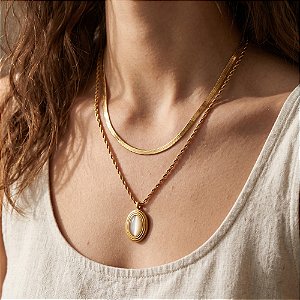 COLAR DUPLO FITA FINA E CORDÃO BAIANO PINGENTE OVAL PEDRA OLHO DE GATO DOURADO AÇO 316L⭐️