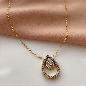 COLAR PINGENTE GOTA DUPLA ZIRCÔNIAS DOURDO AÇO 316L⭐️