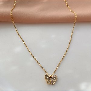 COLAR PINGENTE BORBOLETA CLÁSSICA ZIRCÔNIAS DOURADO AÇO 316L⭐️