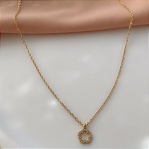 COLAR PINGENTE FORMATO MINI FLOR VAZADA BORDA ZIRCÔNIAS DOURADO AÇO 316L⭐️