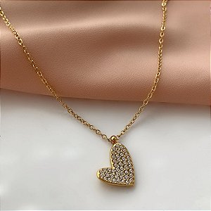 COLAR PINGENTE CORAÇÃO PENDENTE ZIRCÔNIAS DOURADO AÇO 316L⭐️