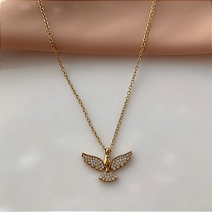 COLAR PINGENTE ESPÍRITO SANTO ZIRCÔNIAS DOURADO AÇO 316L⭐️