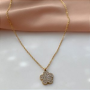 COLAR PINGENTE FLOR ZIRCÔNIAS DOURADO AÇO 316L⭐️