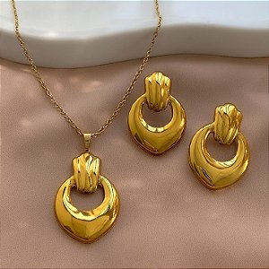 COLAR E BRINCO KIT FORMATO GOTA DESENHADA DOURADO AÇO 316L⭐️