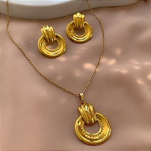 COLAR E BRINCO KIT CÍRCULO DESENHADO DOURADO AÇO 316L⭐️