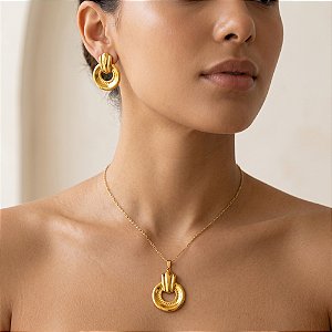 COLAR E BRINCO KIT CÍRCULO DESENHADO DOURADO AÇO 316L⭐️