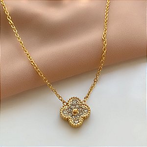 COLAR TREVO CLÁSSICO ZIRCÔNIAS DOURADO AÇO 316L⭐️
