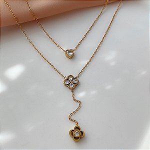 COLAR GRAVATINHA CORRENTE DUPLA TREVO E CORAÇÃO ZIRCÔNIA DOURADO AÇO 316L⭐️
