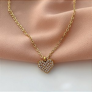 COLAR CORAÇÃO DELICADO ZIRCÔNIAS DOURADO AÇO 316L⭐️