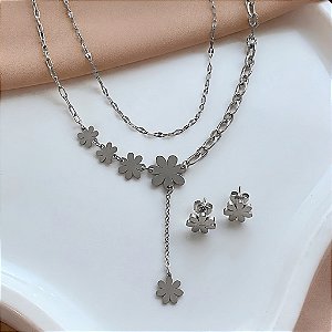 COLAR E BRINCO KIT FLOR PÊNDULO AÇO 316L⭐️