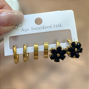 BRINCO KIT FLOR ZIRCÔNIA DOURADO AÇO 316L⭐️