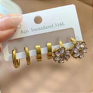 BRINCO KIT FLOR ZIRCÔNIA DOURADO AÇO 316L⭐️