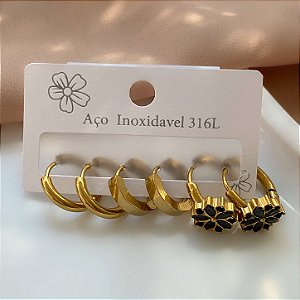 BRINCO KIT FLORZINHA ZIRCÔNIA DOURADO AÇO 316L⭐️