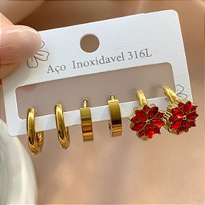 BRINCO KIT FLORZINHA PEDRAS GRUPO 2 ZIRCÔNIAS DOURADO AÇO 316L⭐️