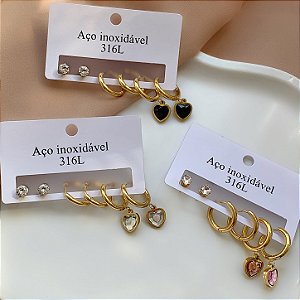 BRINCO KIT CORAÇÃO ZIRCÔNIA DOURADO AÇO 316L⭐️
