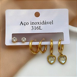 BRINCO KIT CORAÇÃO ZIRCÔNIA DOURADO AÇO 316L⭐️