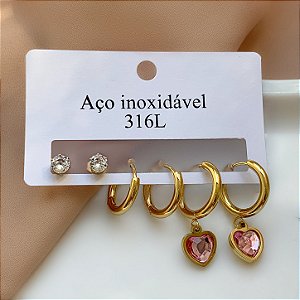 BRINCO KIT CORAÇÃO ZIRCÔNIA DOURADO AÇO 316L⭐️