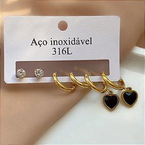 BRINCO KIT CORAÇÃO ZIRCÔNIA DOURADO AÇO 316L⭐️