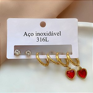BRINCO KIT CORAÇÃO ZIRCÔNIA GRUPO 2 DOURADO AÇO 316L⭐️