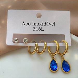 BRINCO KIT GOTA ZIRCÔNIA GRUPO 2 DOURADO AÇO 316L⭐️