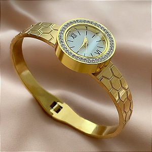 BRACELETE RELÓGIO COLMEIA DOURADO AÇO 316L⭐️