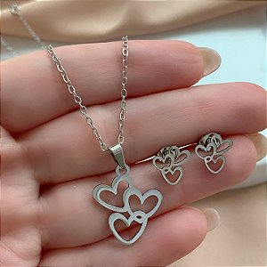 COLAR E BRINCO KIT TRIO CORAÇÕES VAZADOS AÇO 316L⭐️
