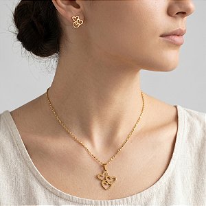 COLAR E BRINCO KIT TRIO CORAÇÕES VAZADOS DOURADO AÇO 316L⭐️