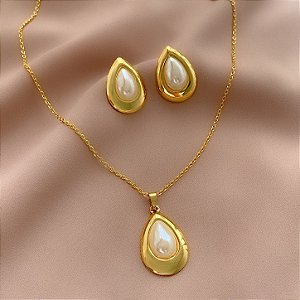 COLAR E BRINCO KIT GOTA PÉROLA BORDA LISA DOURADO AÇO 316L⭐️