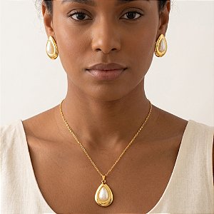 COLAR E BRINCO KIT GOTA PÉROLA BORDA LISA DOURADO AÇO 316L⭐️