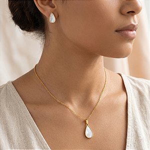 COLAR E BRINCO KIT GOTA FINA MADREPÉROLA DOURADO AÇO 316L⭐️