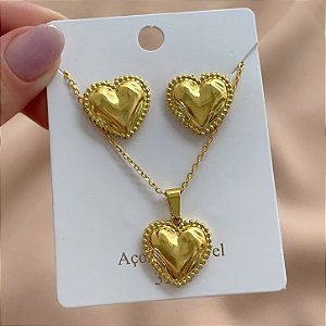 COLAR E BRINCO KIT CORAÇÃO MARTELADO BORBA MINI BOLINHAS DOURADO AÇO 316L⭐️