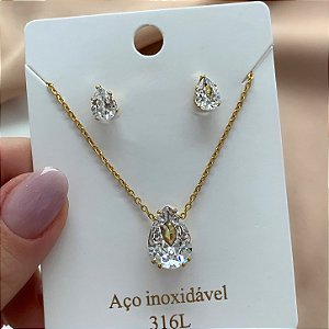 COLAR E BRINCO KIT GOTA ZIRCÔNIA DOURADO AÇO 316L⭐️