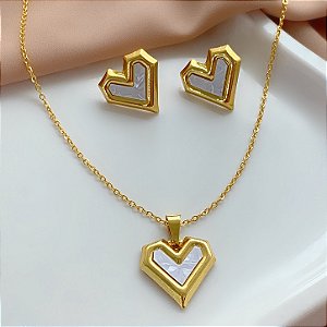 COLAR E BRINCO KIT CORAÇÃO ABSTRATO MADREPÉROLA BORDA DOURADO AÇO 316L⭐️