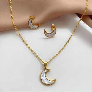 COLAR E BRINCO KIT LUA MADREPÉROLA DOURADO AÇO 316L⭐️