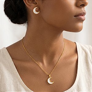 COLAR E BRINCO KIT LUA MADREPÉROLA DOURADO AÇO 316L⭐️