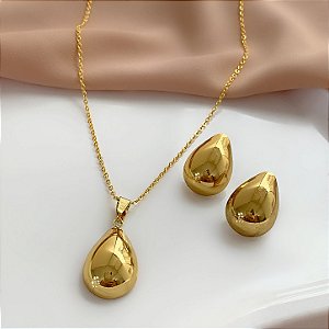 COLAR E BRINCO KIT GOTA LISA DOURADO AÇO 316L⭐️