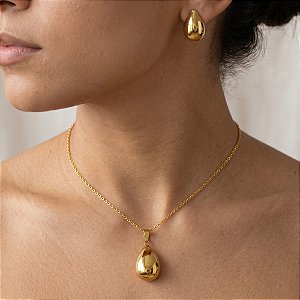 COLAR E BRINCO KIT GOTA LISA DOURADO AÇO 316L⭐️