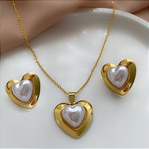 COLAR E BRINCO KIT CORAÇÃO PÉROLA BORDA BOLEADA LISA DOURADO AÇO 316L⭐️