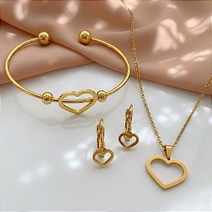 KIT COLAR, PULSEIRA E BRINCO CORAÇÃO VAZADO DOURADO AÇO 316L⭐️