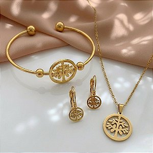KIT COLAR, PULSEIRA E BRINCO ÁRVORE DA VIDA DOURADO AÇO 316L⭐️