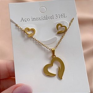 COLAR E BRINCO KIT CORAÇÃO DESENHADO DOURADO AÇO 316L⭐️